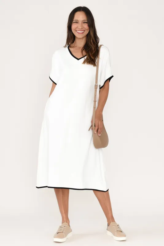Jemima White Contrast V Neck Dress sold by Blue Bungalow