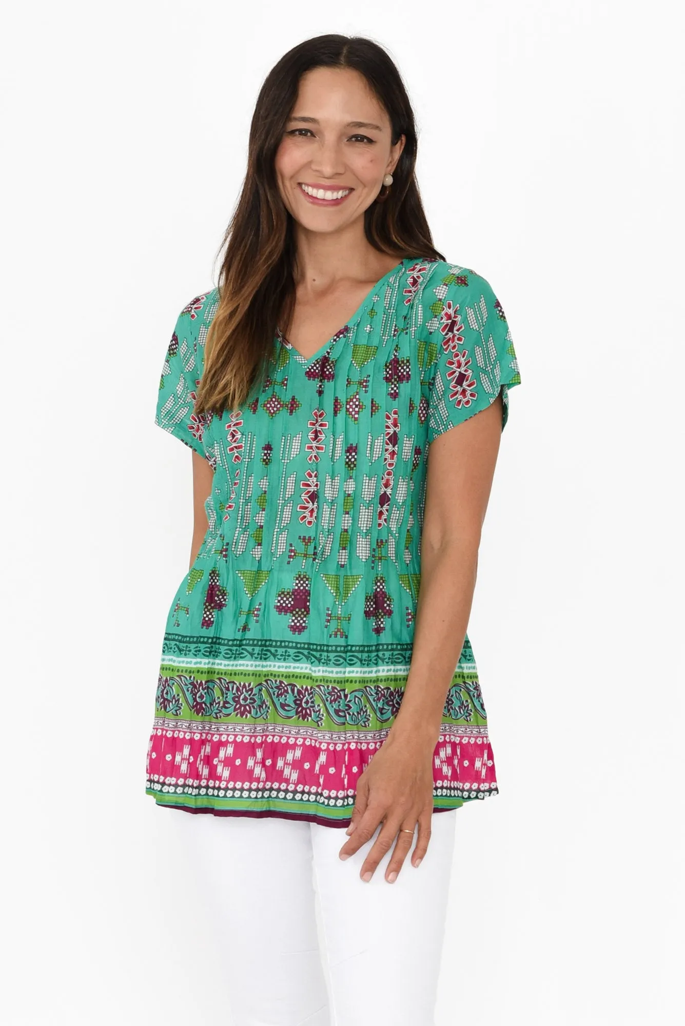 Fia Aqua Mosaic Crinkle Cotton Top sold by Blue Bungalow
