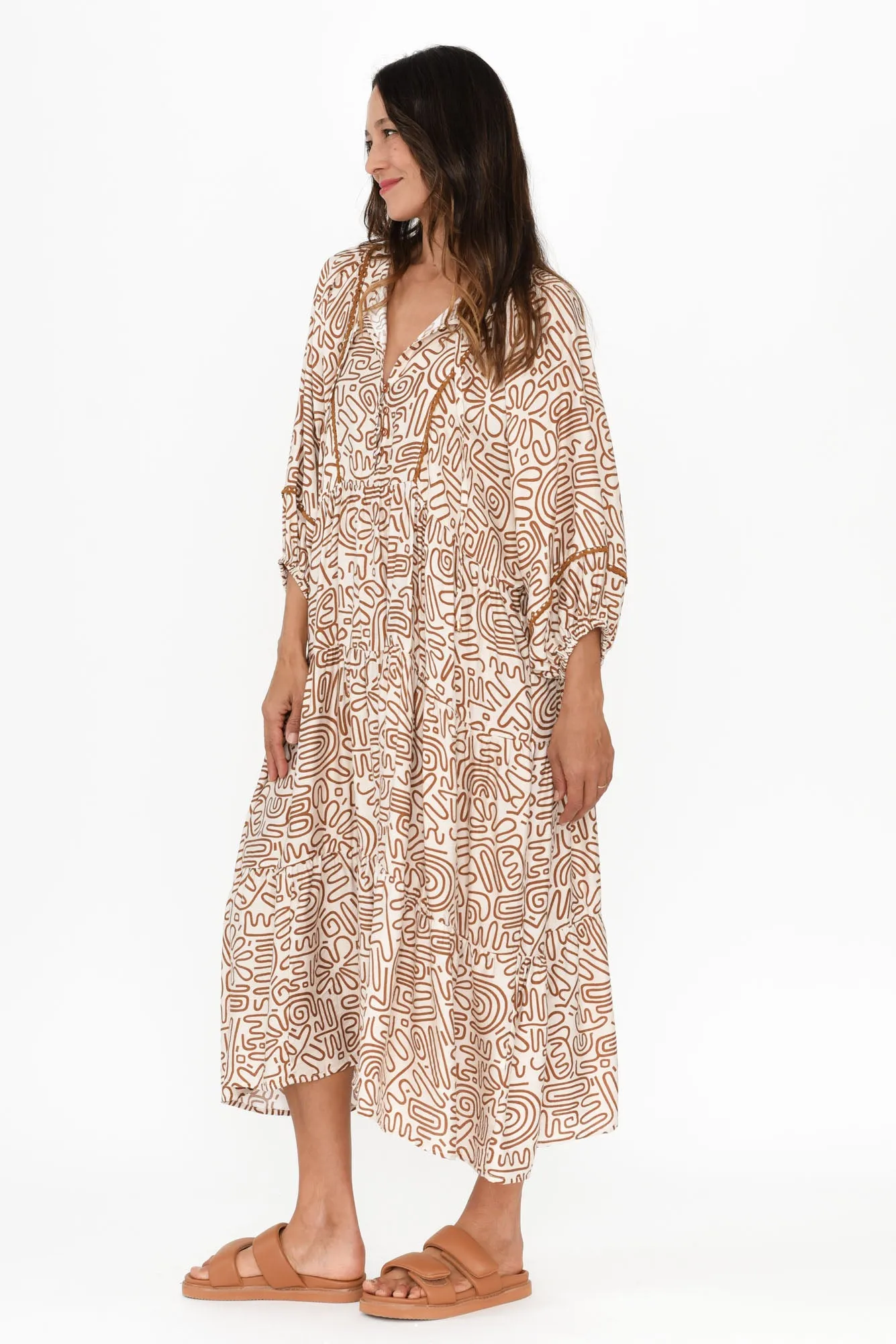 Tanaia Brown Abstract Sleeved Dress sold by Blue Bungalow product image thumbnail 3