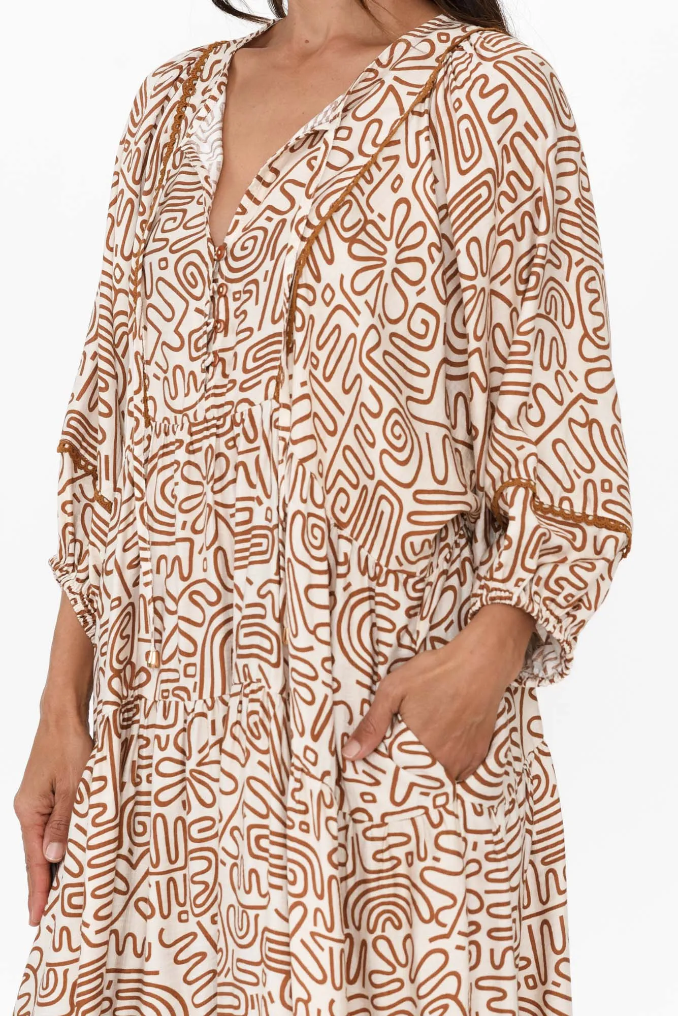 Tanaia Brown Abstract Sleeved Dress sold by Blue Bungalow product image thumbnail 5