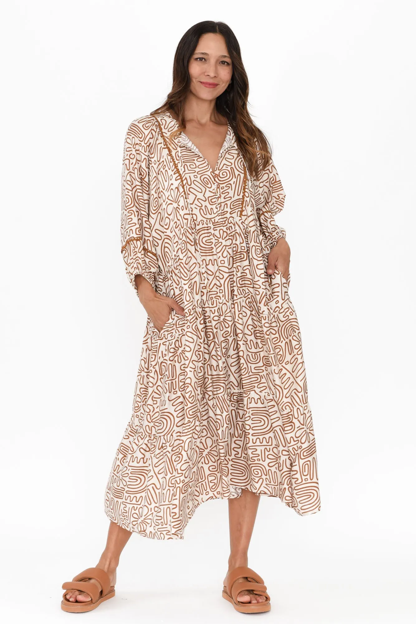 Tanaia Brown Abstract Sleeved Dress sold by Blue Bungalow