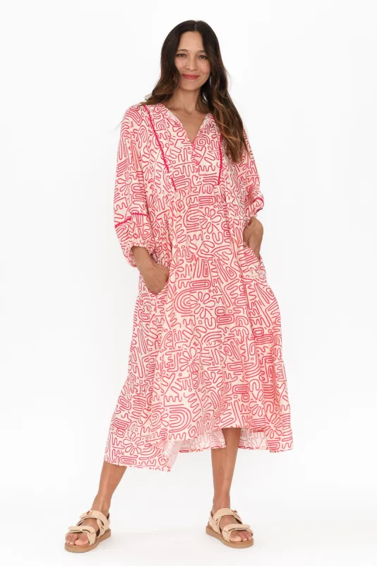 Tanaia Red Abstract Sleeved Dress sold by Blue Bungalow