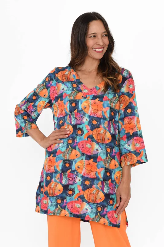 Alora Blue Fish Linen Cotton Tunic sold by Blue Bungalow