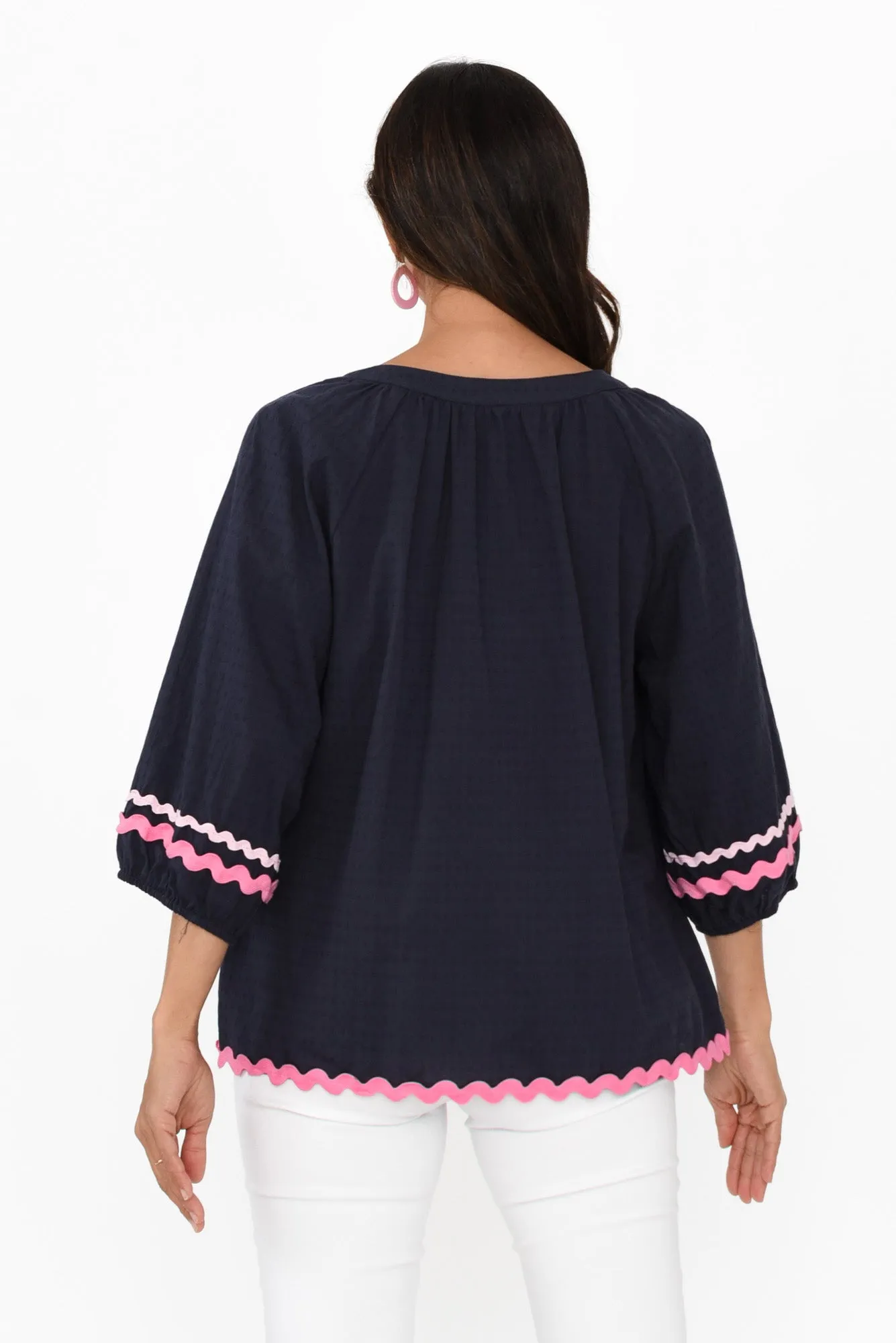 Zelma Navy Trim Cotton Top sold by Blue Bungalow product image thumbnail 4