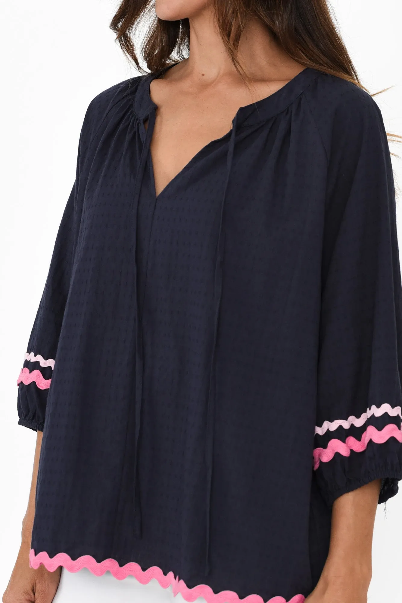 Zelma Navy Trim Cotton Top sold by Blue Bungalow product image thumbnail 5