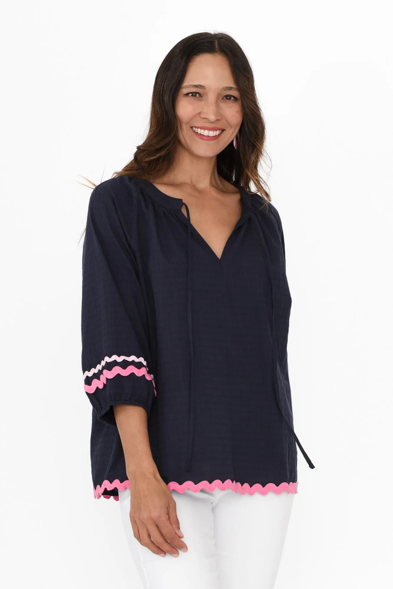 Zelma Navy Trim Cotton Top sold by Blue Bungalow