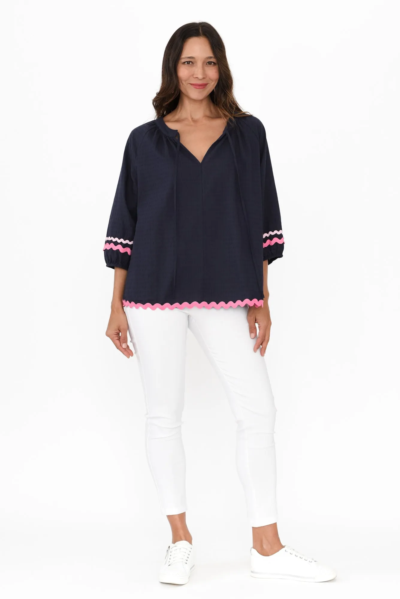 Zelma Navy Trim Cotton Top sold by Blue Bungalow product image thumbnail 2