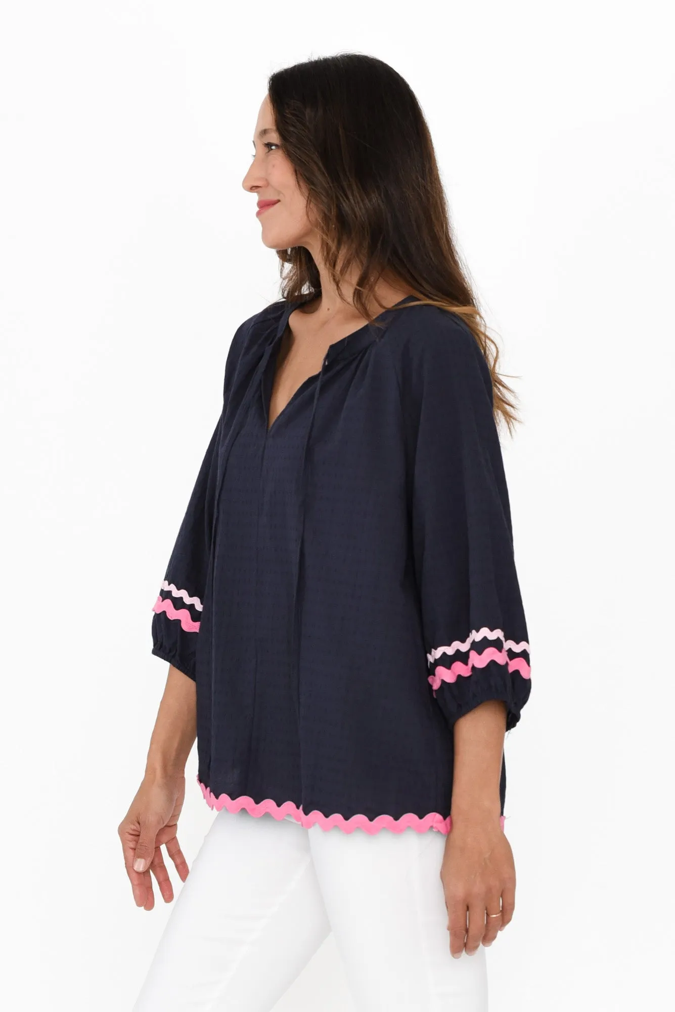 Zelma Navy Trim Cotton Top sold by Blue Bungalow product image thumbnail 3