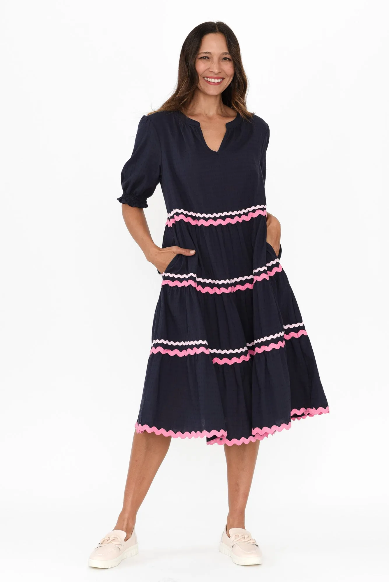 Sybella Navy Trim Cotton Midi Dress sold by Blue Bungalow product image thumbnail 2