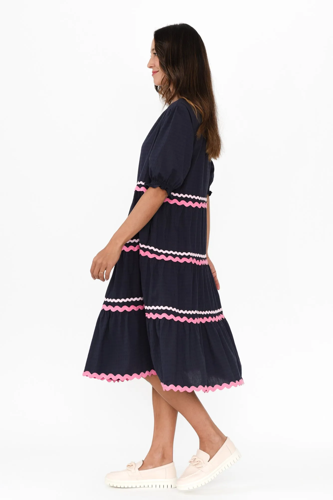 Sybella Navy Trim Cotton Midi Dress sold by Blue Bungalow product image thumbnail 3