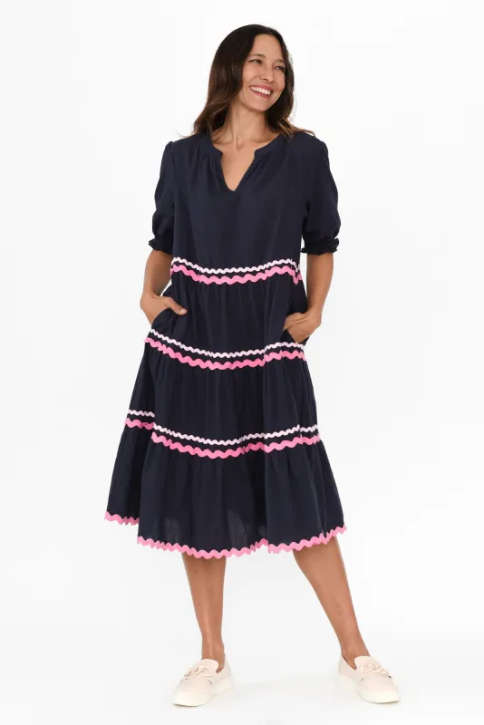 Sybella Navy Trim Cotton Midi Dress sold by Blue Bungalow