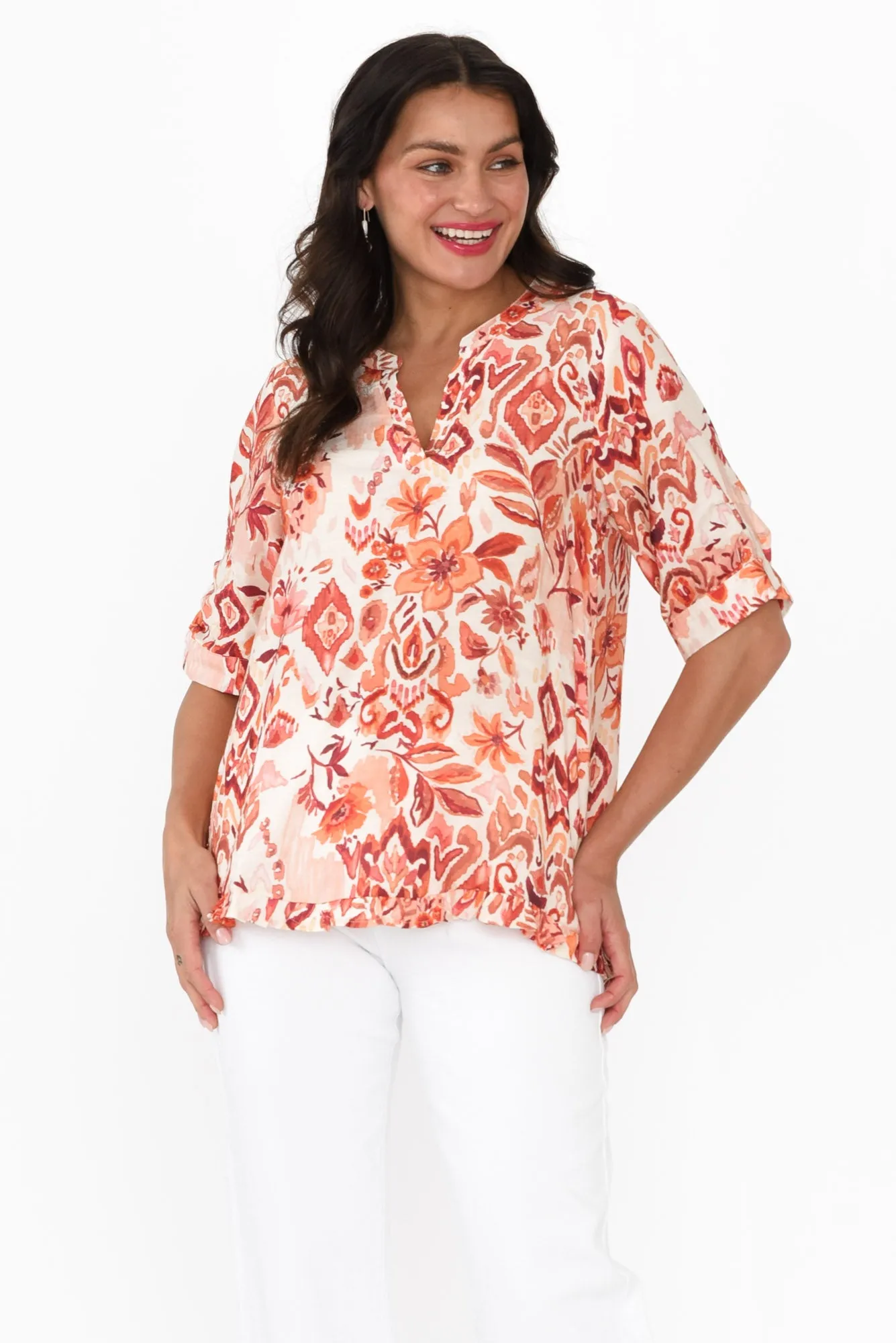 Ennis Orange Floral Frill Top sold by Blue Bungalow
