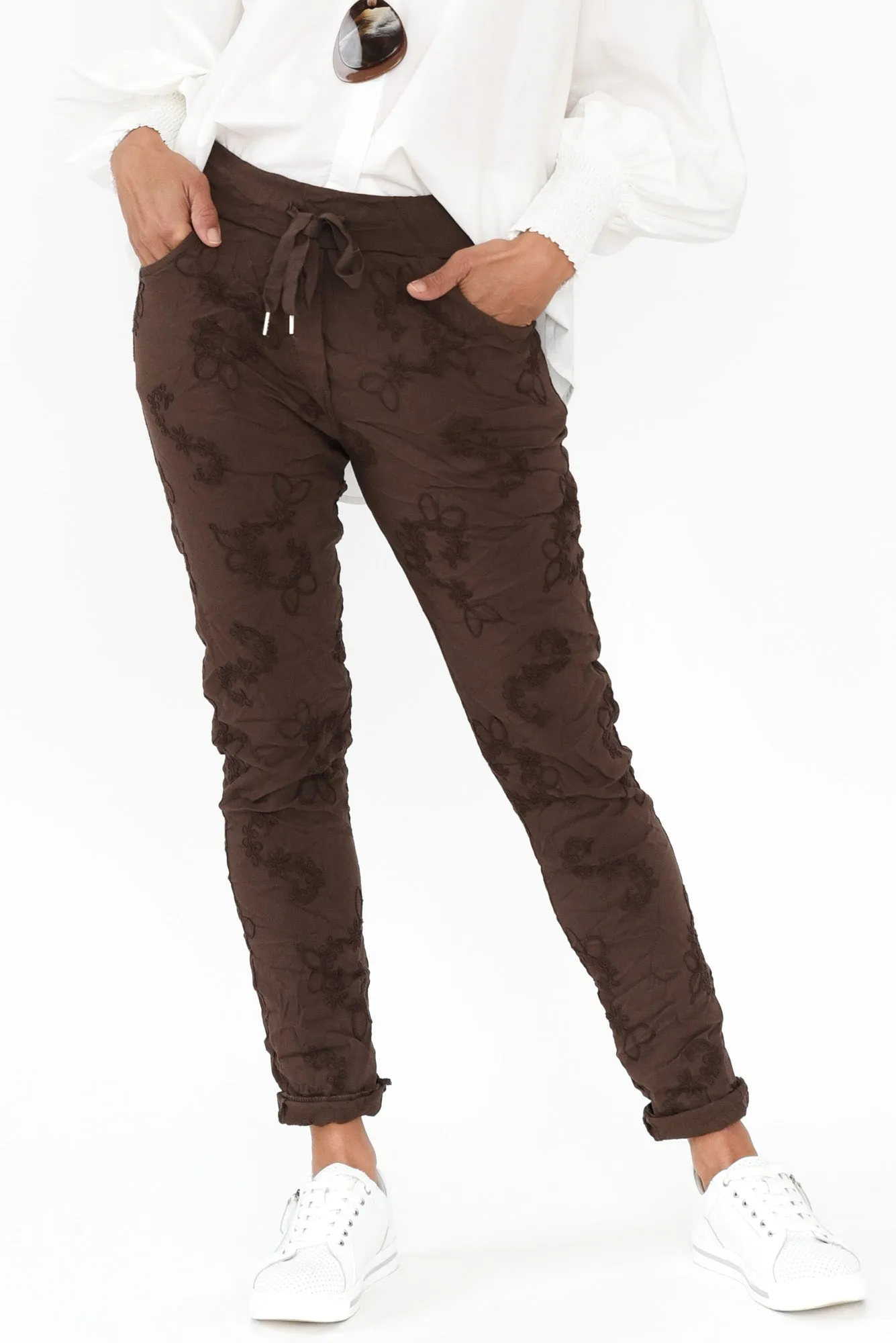Kaia Chocolate Embroidered Drawstring Pants sold by Blue Bungalow