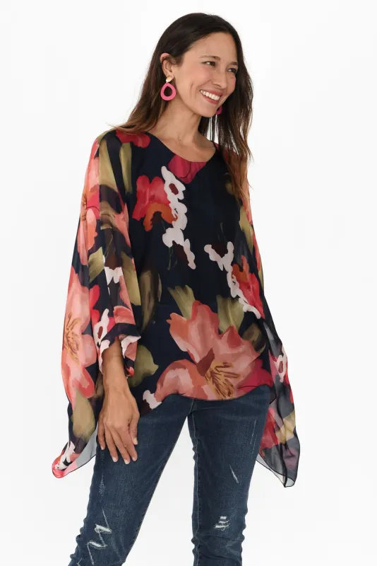 Trevino Navy Petal Silk Overlay Top sold by Blue Bungalow