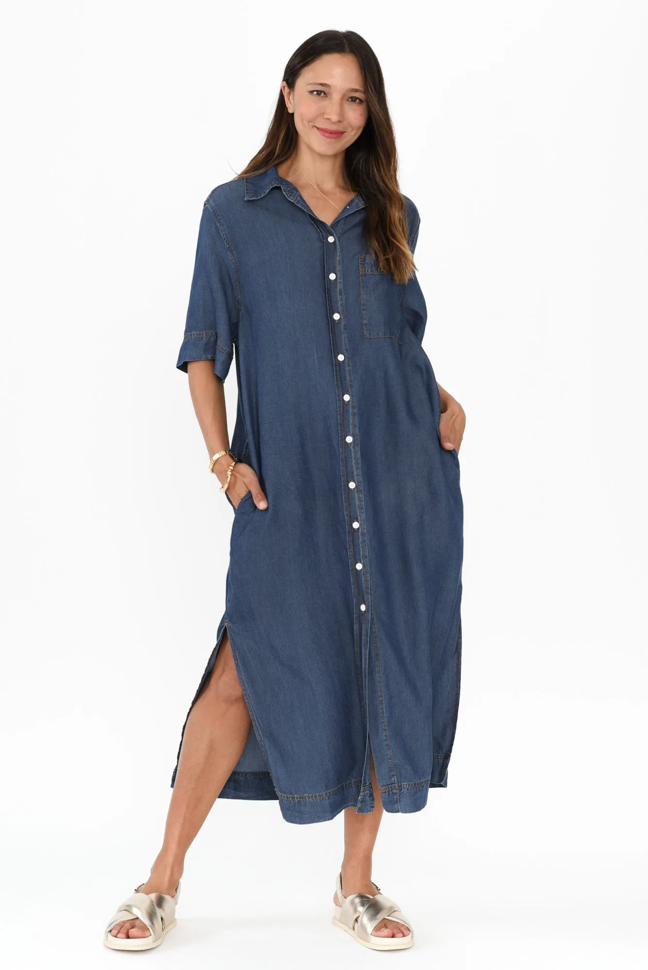 Emmy Dark Blue Denim Shirt Dress sold by Blue Bungalow