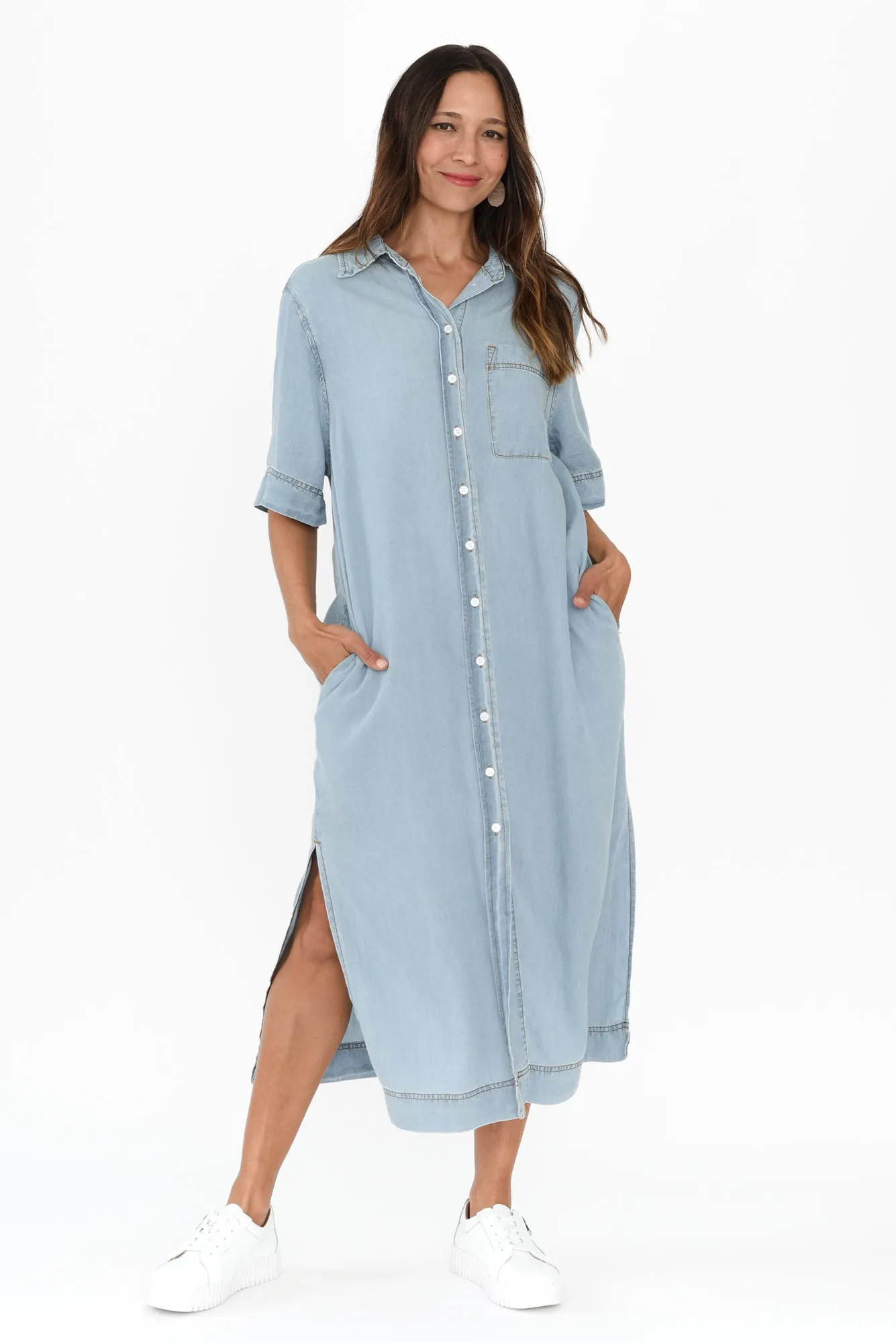 Emmy Blue Denim Shirt Dress sold by Blue Bungalow