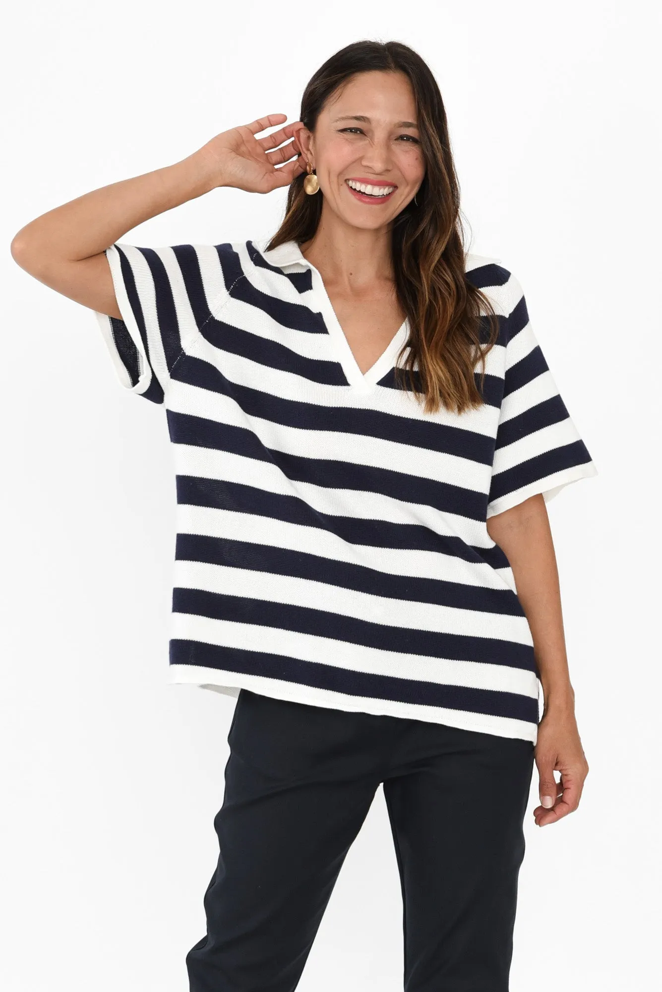 Brianna Navy Stripe Cotton Polo sold by Blue Bungalow