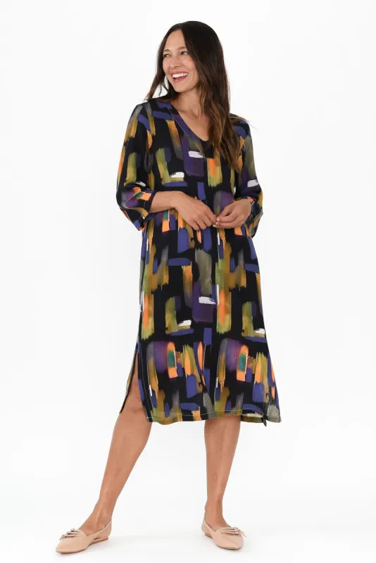 Celine Black Brush Stroke Linen Cotton Dress sold by Blue Bungalow
