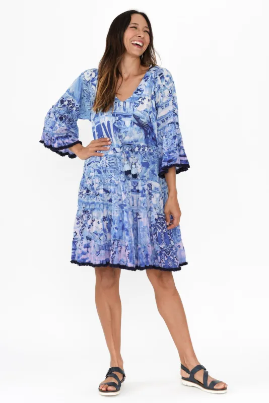 Bates Blue Abstract Cotton Tier Dress sold by Blue Bungalow
