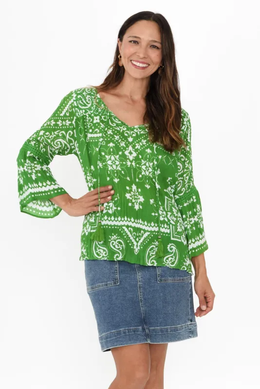Bambi Green Paisley Tassel Top sold by Blue Bungalow