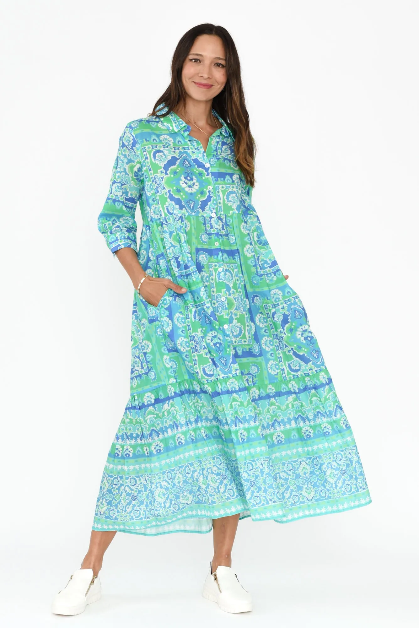 Dovie Blue Abstract Cotton Tier Dress sold by Blue Bungalow
