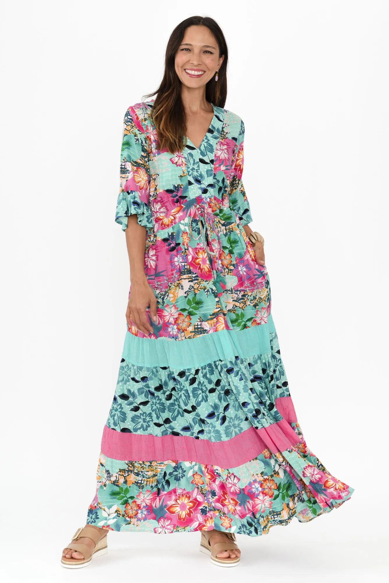 Lelia Turquoise Floral Tie Maxi Dress sold by Blue Bungalow product image thumbnail 3