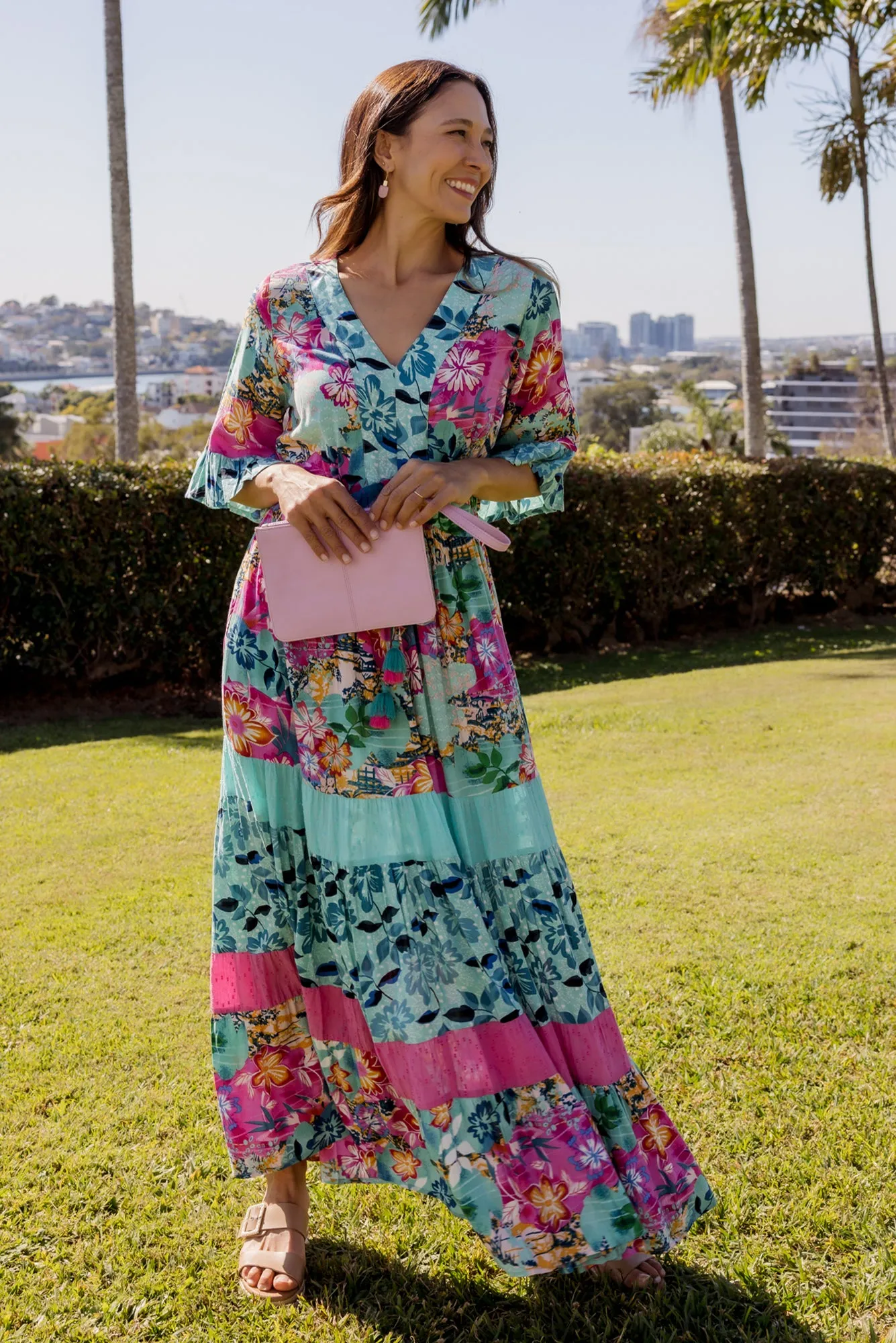 Lelia Turquoise Floral Tie Maxi Dress sold by Blue Bungalow