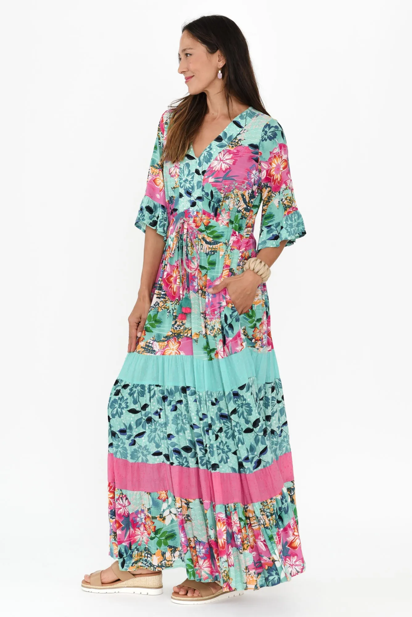 Lelia Turquoise Floral Tie Maxi Dress sold by Blue Bungalow product image thumbnail 4