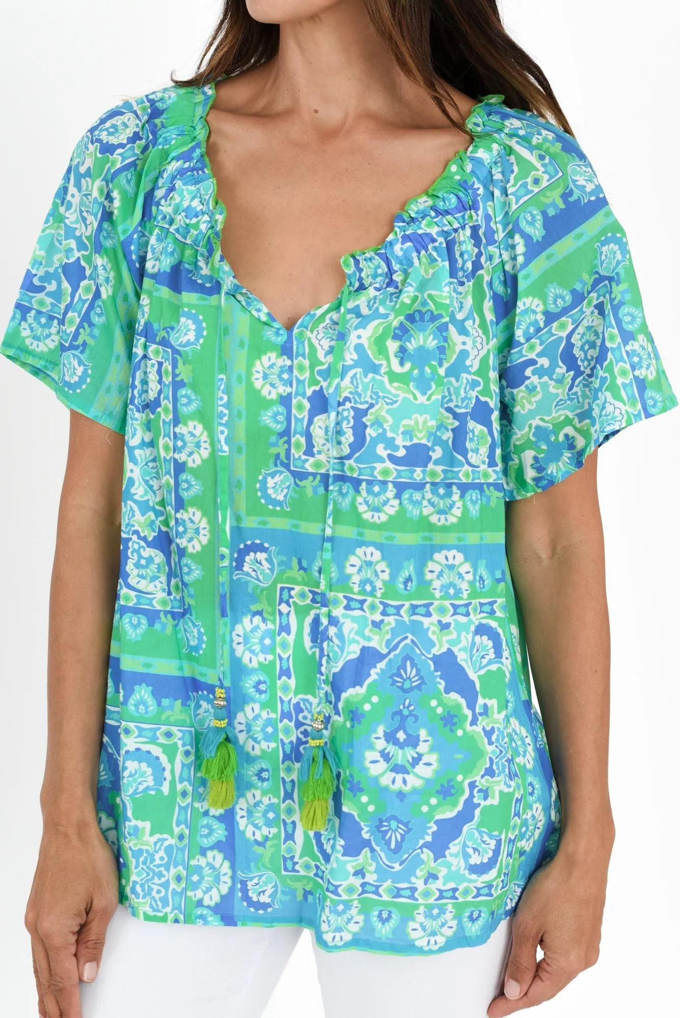 Gabe Blue Abstract Cotton Tassel Top sold by Blue Bungalow product image thumbnail 5