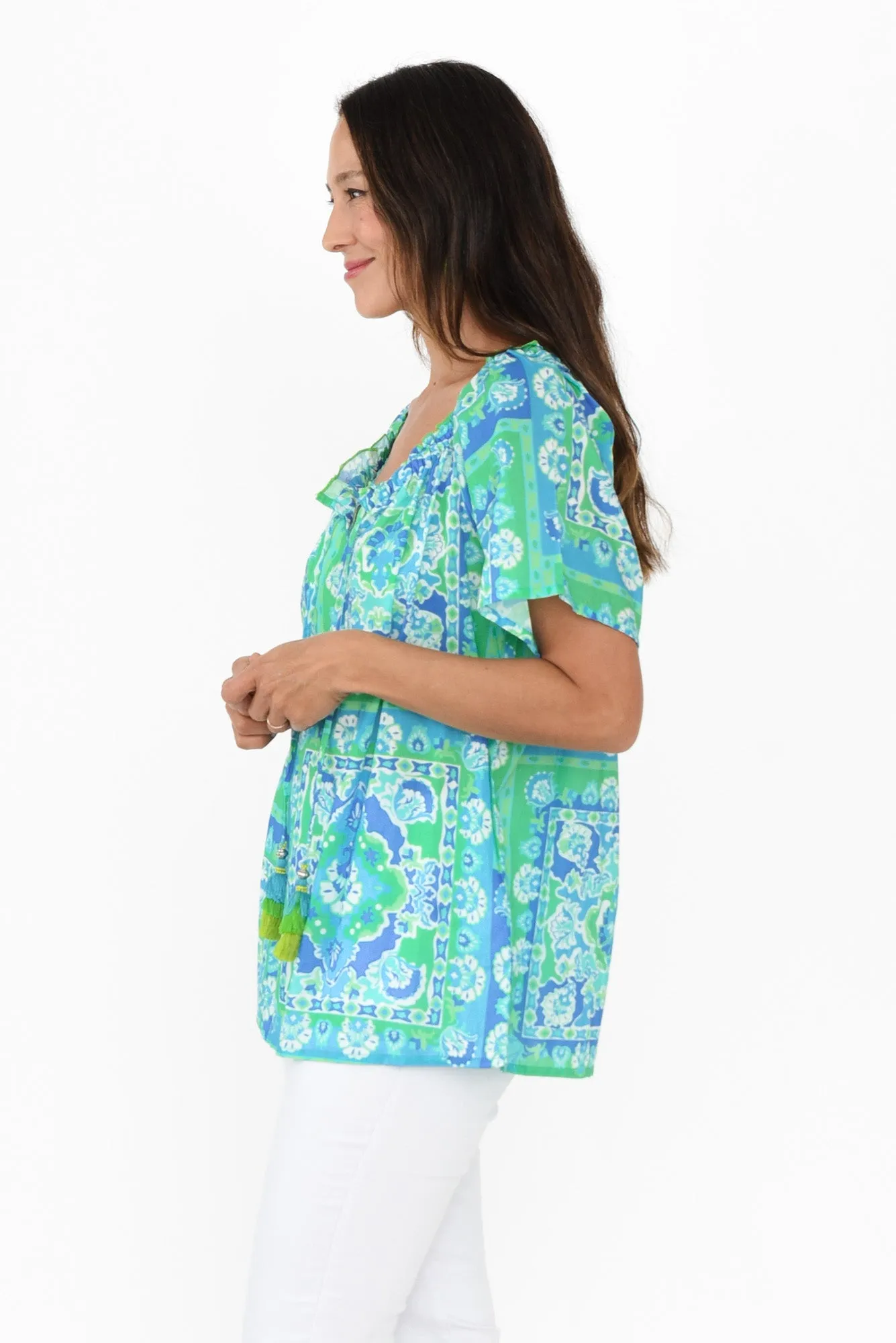 Gabe Blue Abstract Cotton Tassel Top sold by Blue Bungalow product image thumbnail 3