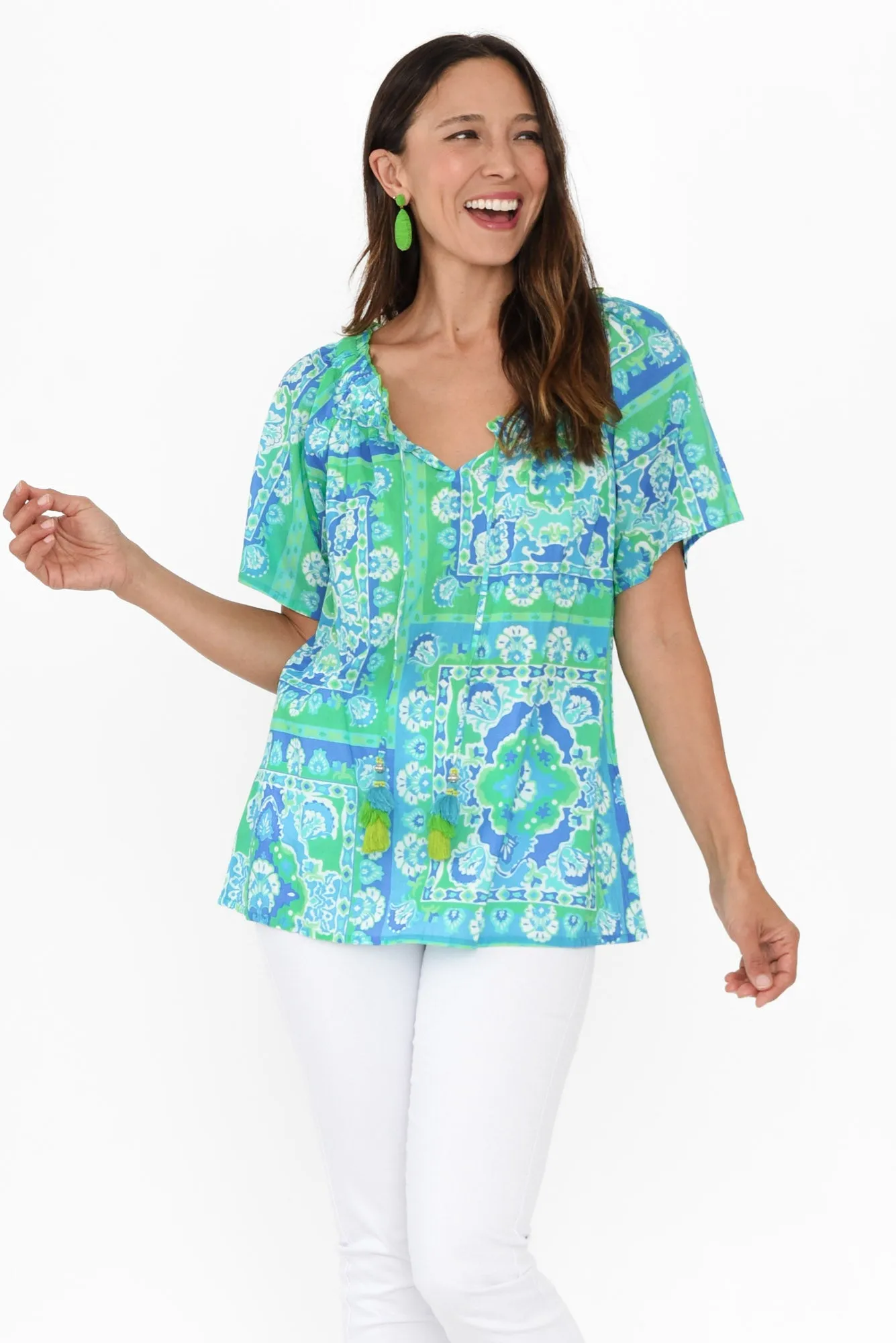 Gabe Blue Abstract Cotton Tassel Top sold by Blue Bungalow