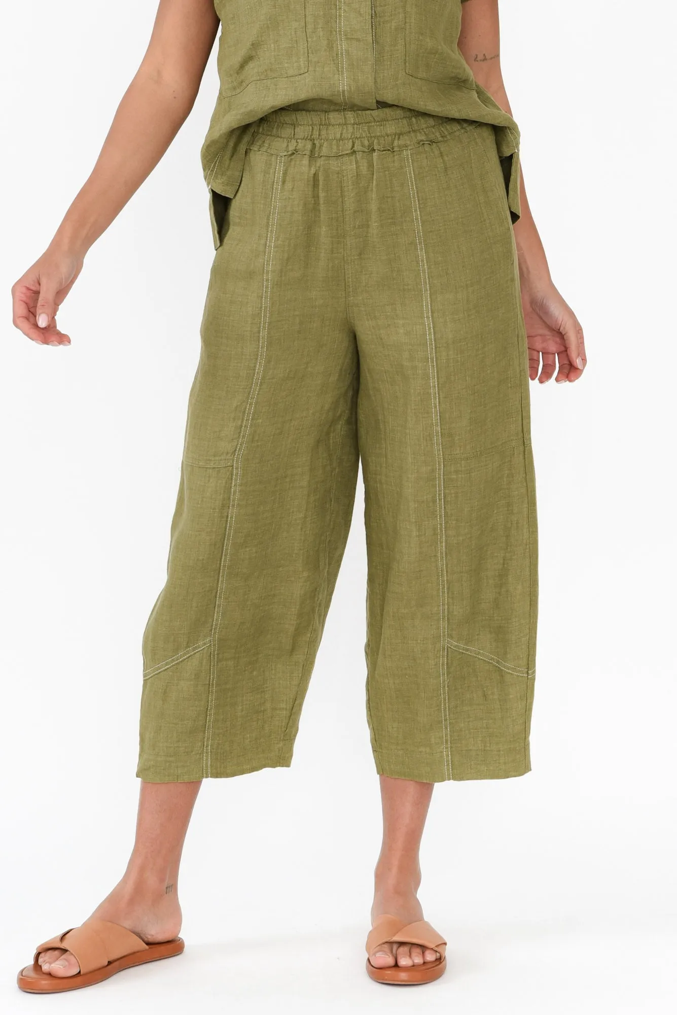 Julian Khaki Linen Cropped Pants sold by Blue Bungalow
