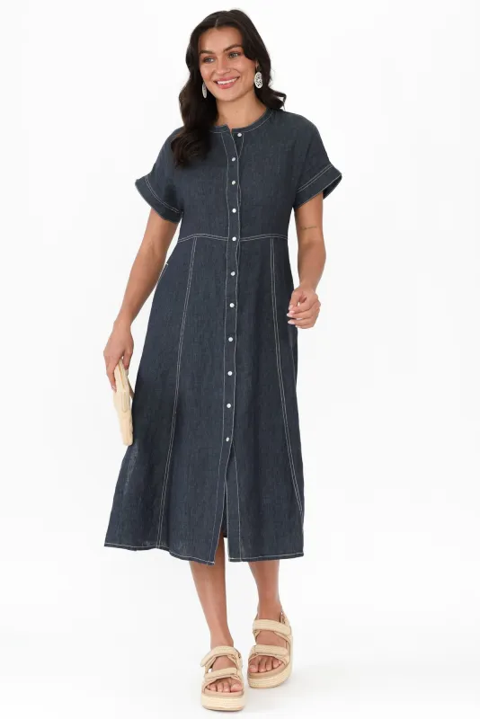 Fenton Navy Linen Button Dress sold by Blue Bungalow