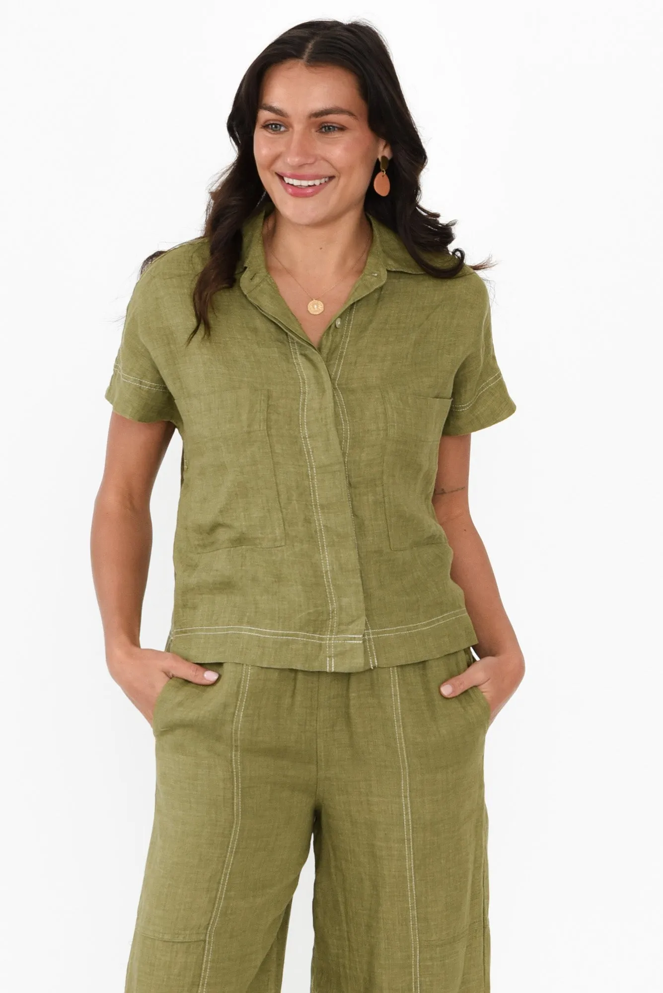Clover Khaki Linen Shirt sold by Blue Bungalow