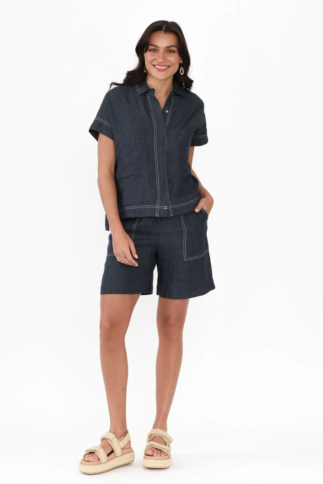 Clover Navy Linen Shirt sold by Blue Bungalow product image thumbnail 4