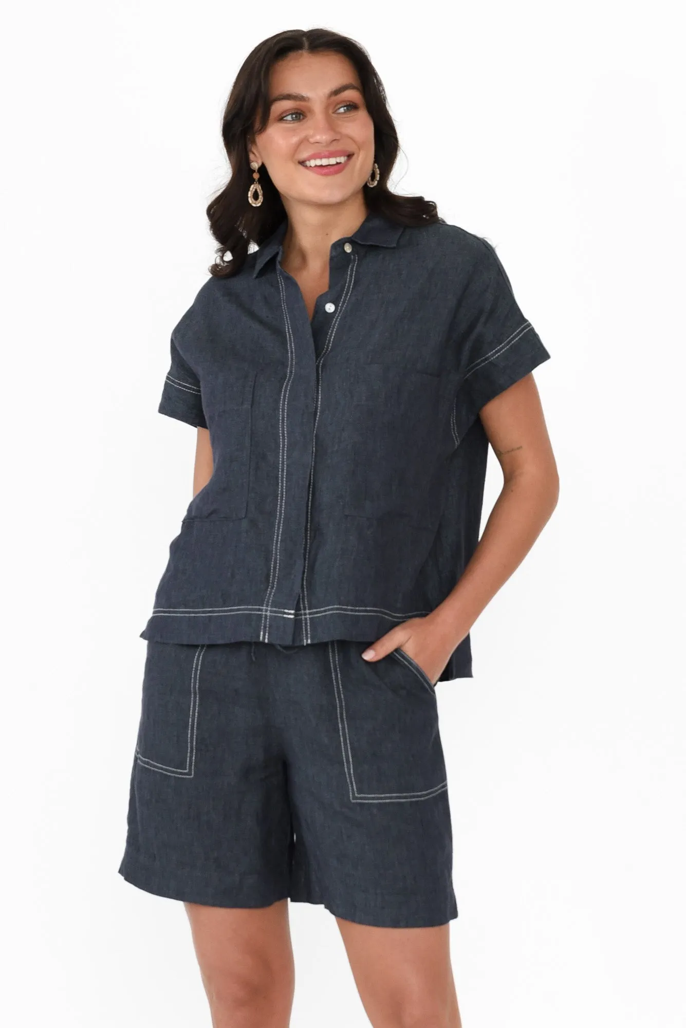 Clover Navy Linen Shirt sold by Blue Bungalow