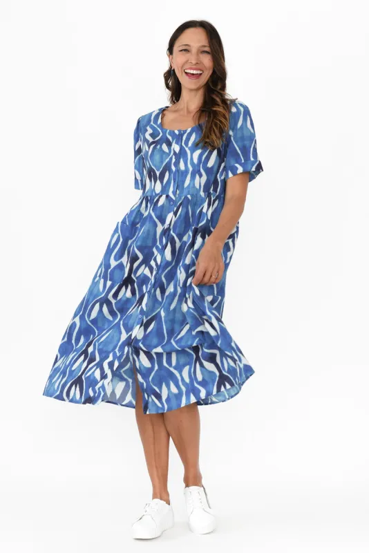 Rory Blue Abstract Cotton Button Dress sold by Blue Bungalow