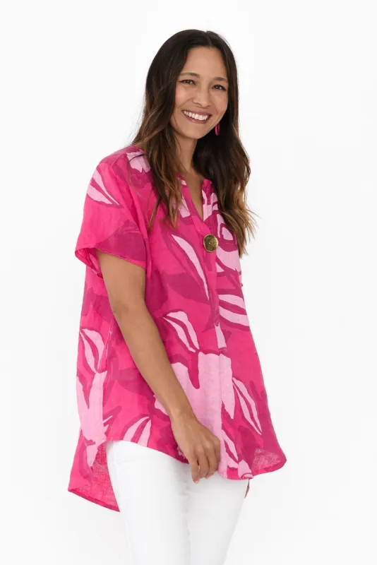 Ivanna Fuchsia Flower Linen Top sold by Blue Bungalow