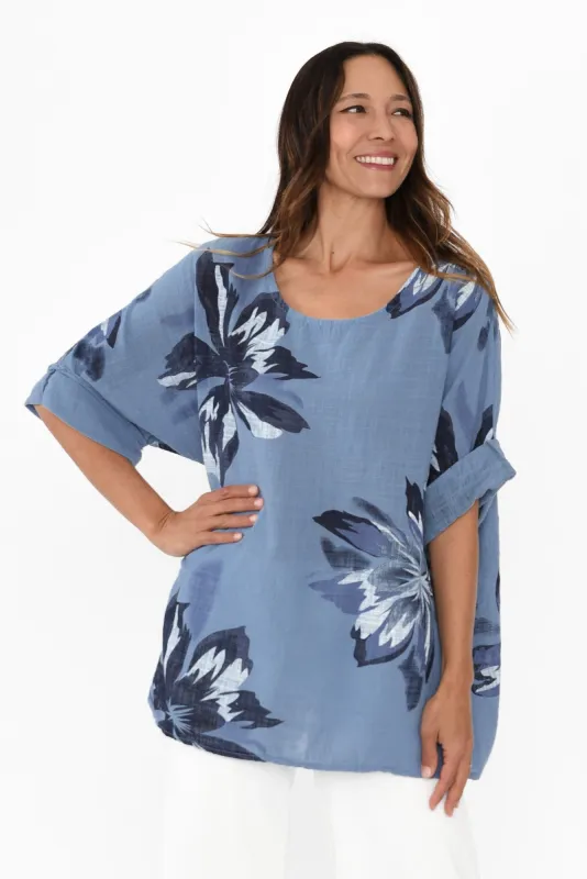 Noel Blue Flower Cotton Top sold by Blue Bungalow
