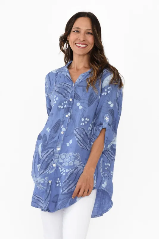 Kerra Blue Botanical Linen Shirt sold by Blue Bungalow