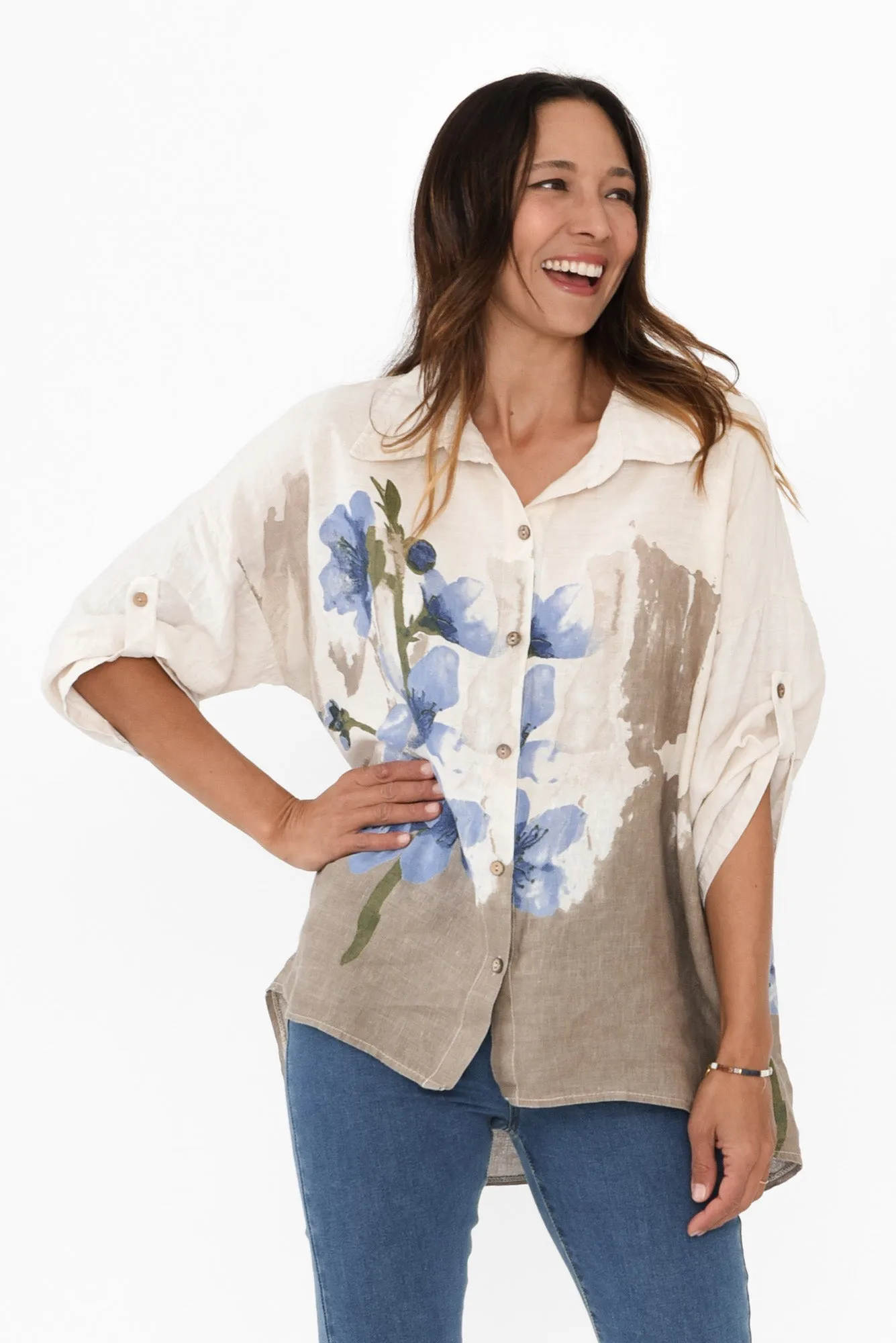 Mattea Beige Flower Linen Shirt sold by Blue Bungalow