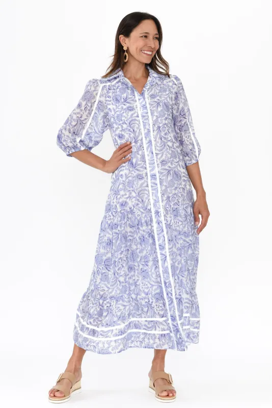 Tanya Blue Floral Cotton Blend Shirt Dress sold by Blue Bungalow