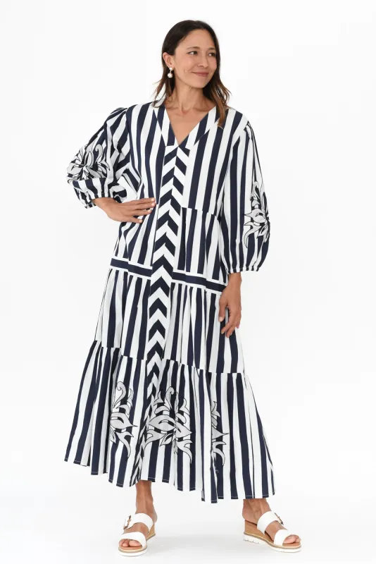 Kora Navy Stripe Cotton Poplin Tie Dress sold by Blue Bungalow