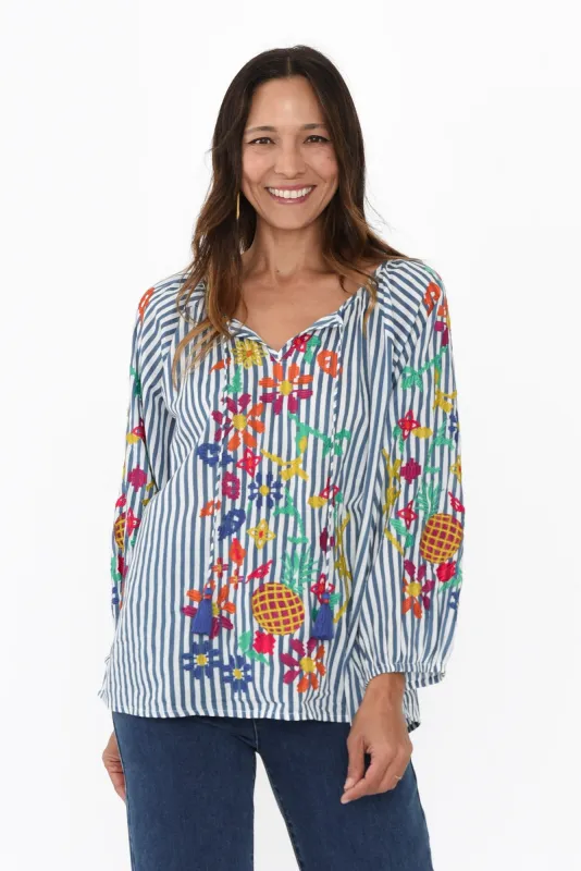 Honora Blue Stripe Embroidered Cotton Top sold by Blue Bungalow