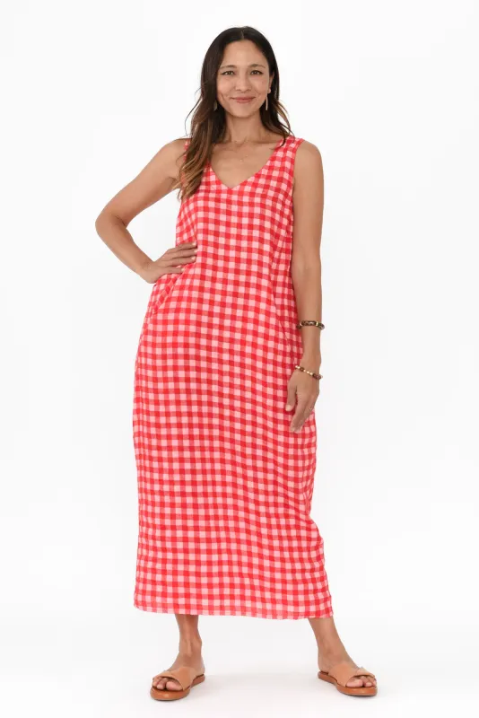 Lisa Red Check Linen Pocket Dress sold by Blue Bungalow