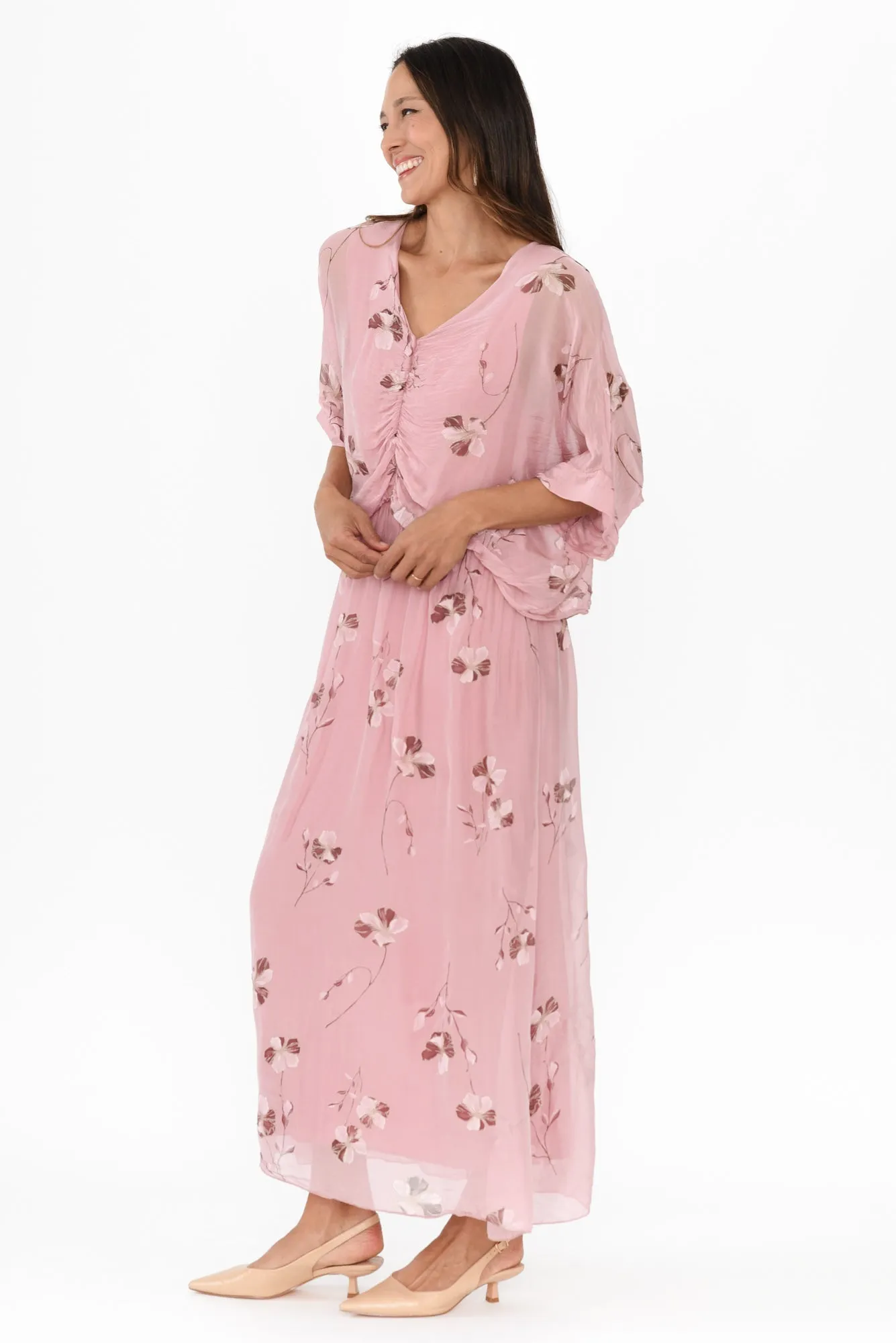 Kerry Pink Floral Silk Gathered Dress sold by Blue Bungalow product image thumbnail 3
