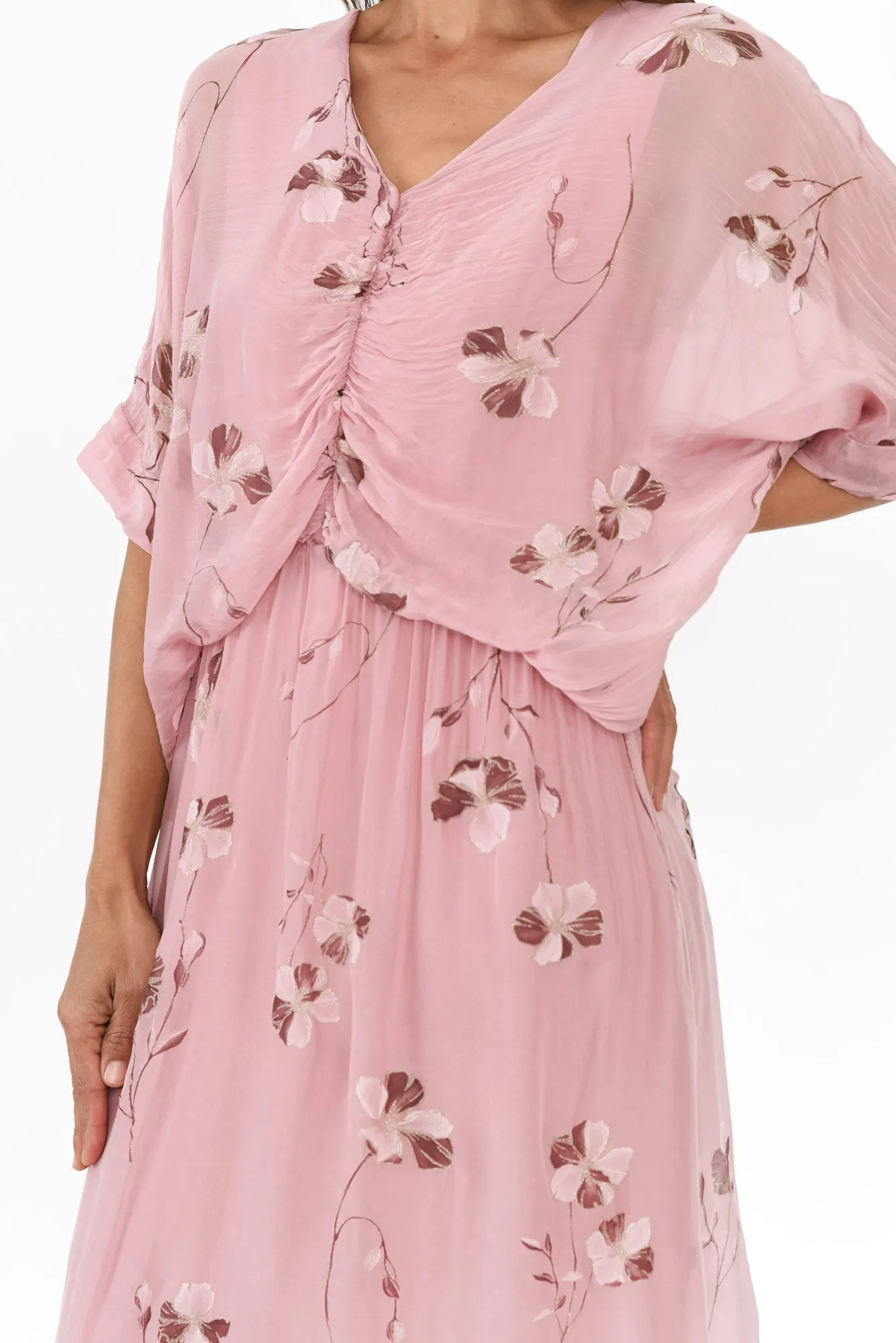 Kerry Pink Floral Silk Gathered Dress sold by Blue Bungalow product image thumbnail 5