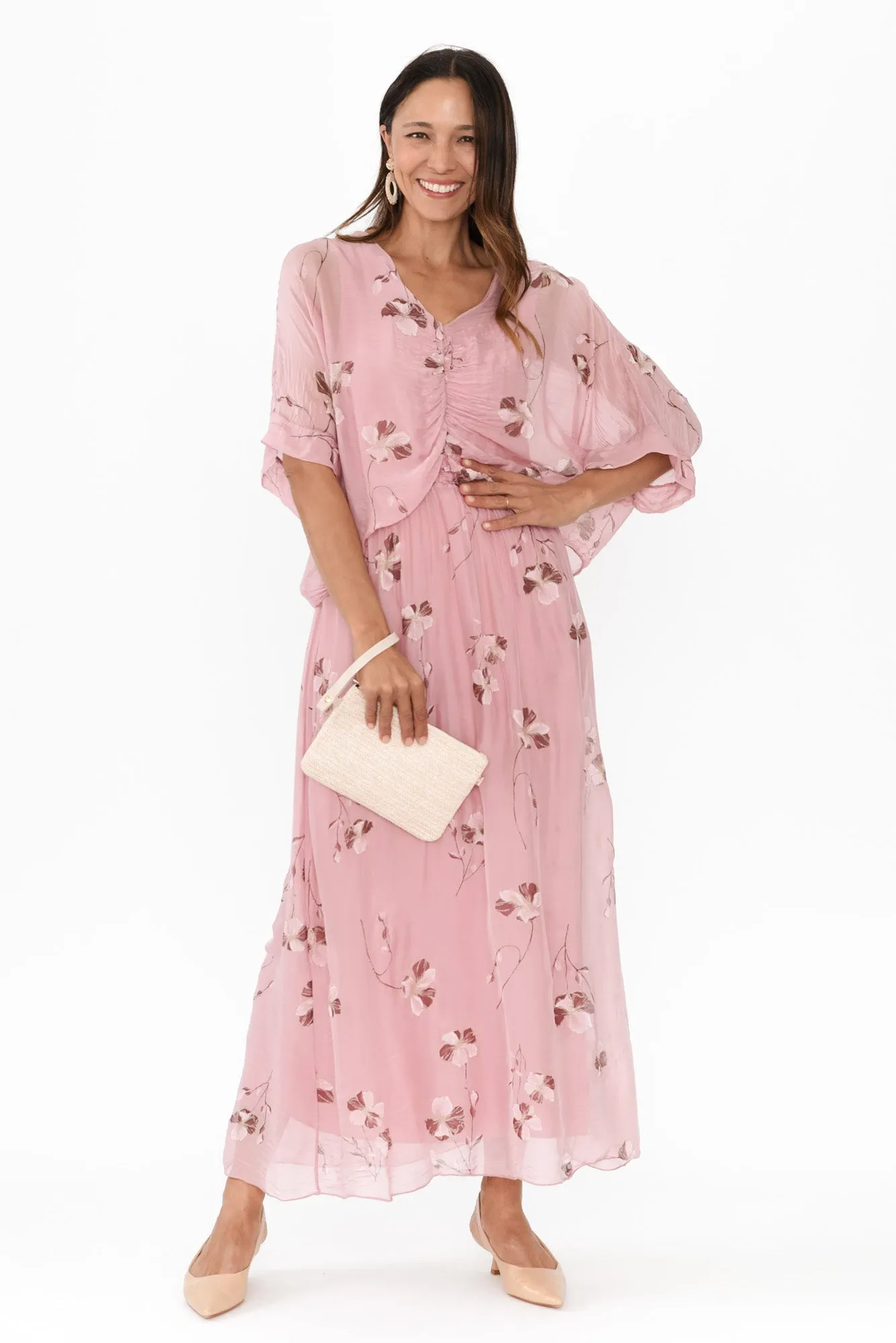 Kerry Pink Floral Silk Gathered Dress sold by Blue Bungalow
