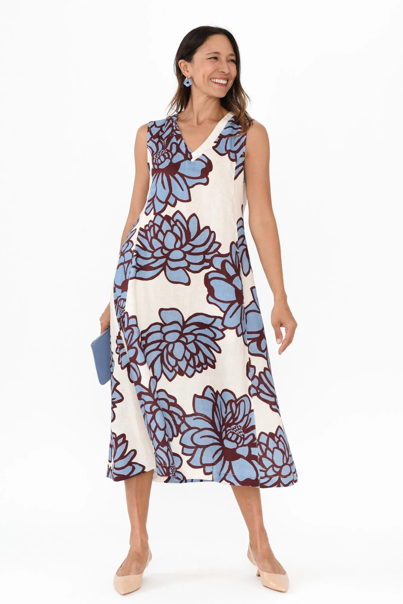 Joanne Blue Bloom Linen Dress sold by Blue Bungalow