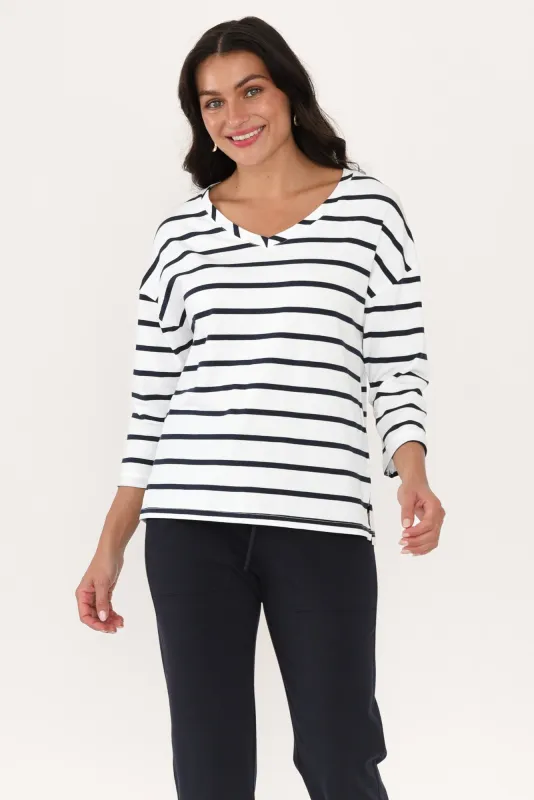 Clarke Navy Stripe Cotton 3/4 Sleeved Top sold by Blue Bungalow